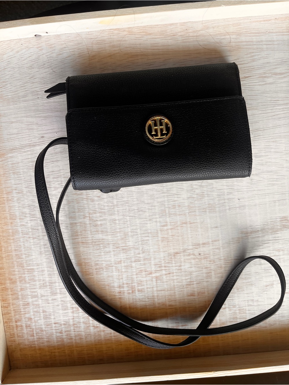 Black Crossbody Wallet with Gold Emblem